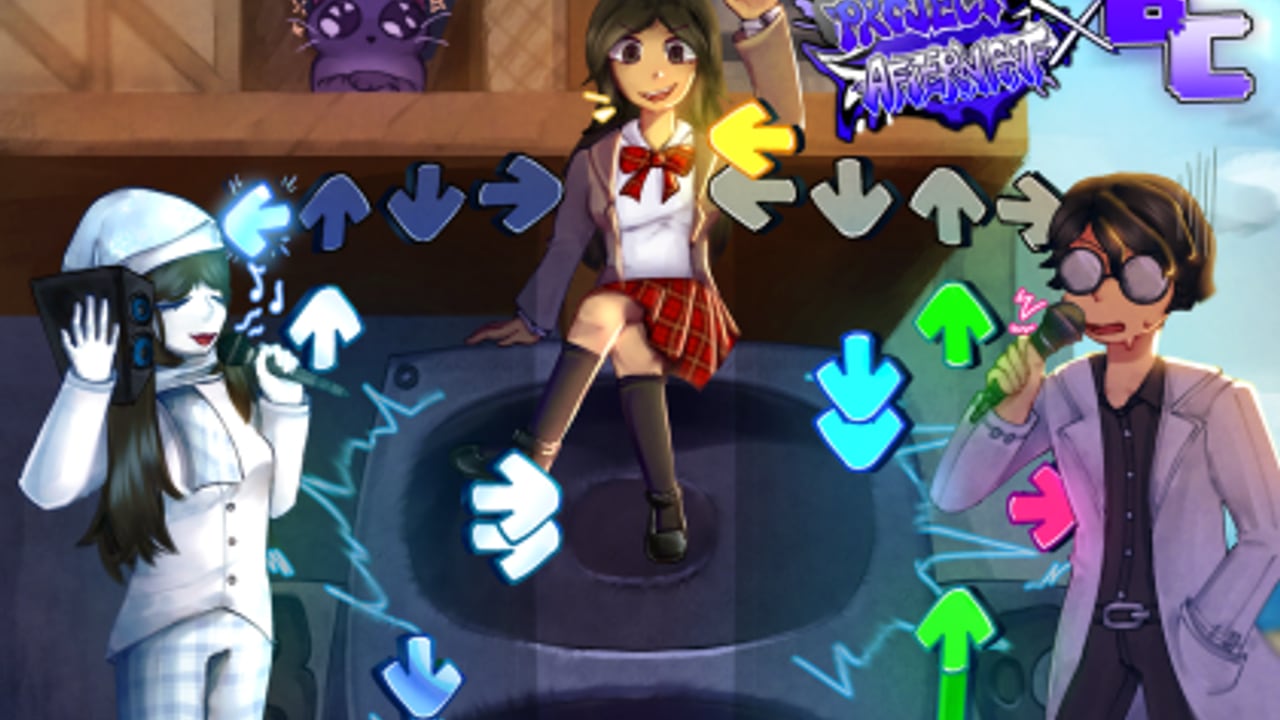 Official Project Afternight artwork with glowing arrow notes and characters around a speaker